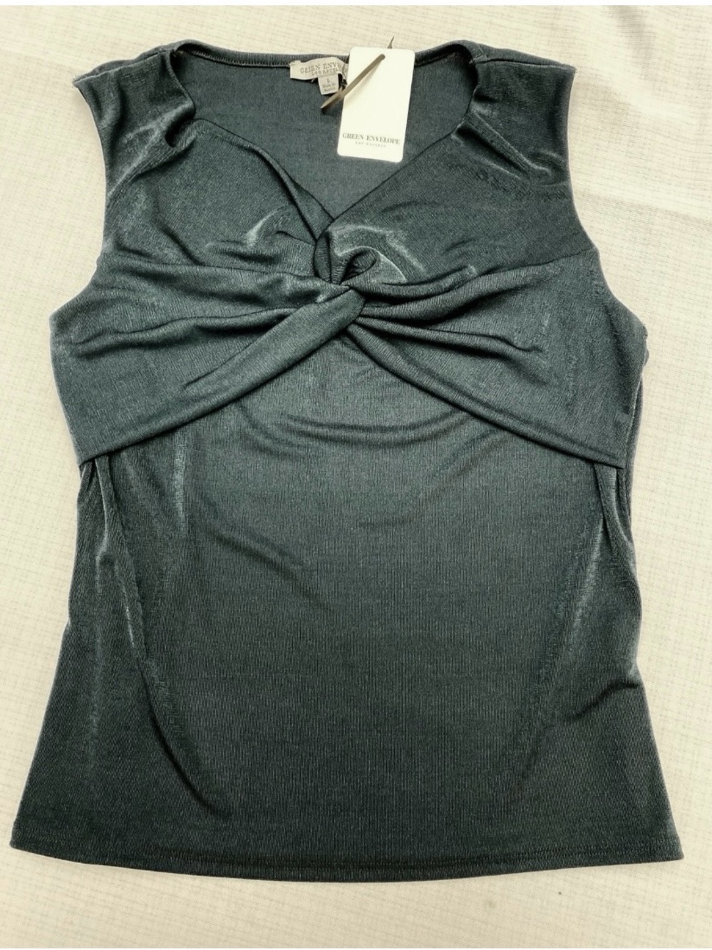 Green Envelope Twist-Front Sleeveless Top — Dark Forest Green NEW